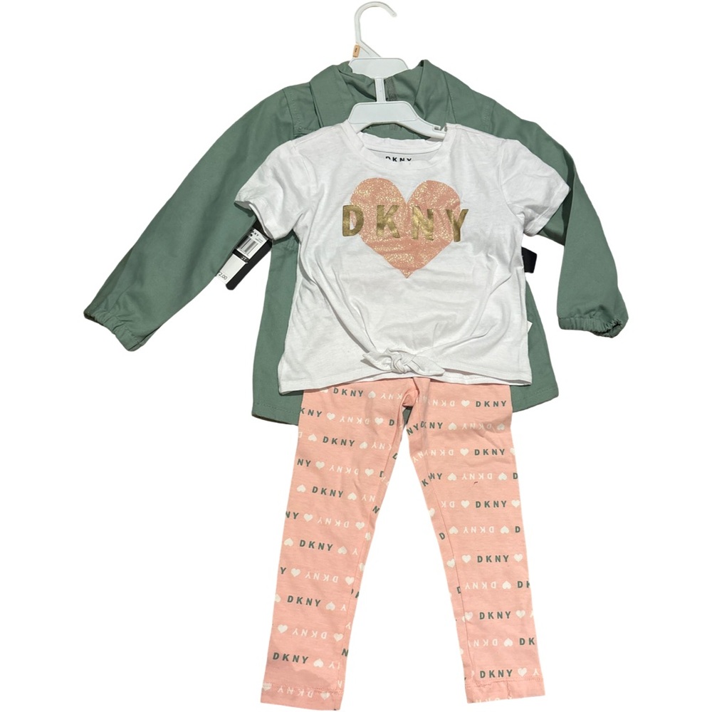 DKNY White Tee and Pink Leggings Set with Green Jacket